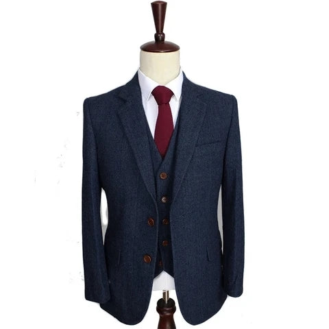 Men's Suits 3 PCS Lapel Wool Blended Navy Herringbone Gentleman Suits Jacket+Pants+Vest