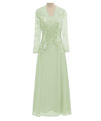 A Line Long Sleeves Lace Cut Out Formal Gown Chiffon Mother Of the Bride Dress With Jacket For Wedding Party