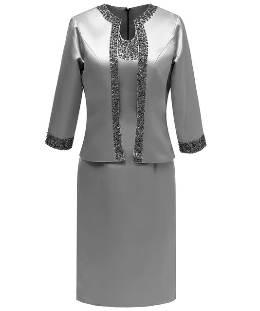 Mother Pants Suit Satin Formal Knee-Length Crystal Mother Of the Bride Dress With Jacket For Wedding Groom 16 / Grey Mother Pants Suit Satin Formal Knee-Length Crystal Mother Of the Bride Dress With Jacket For Wedding Groom 16 / Grey