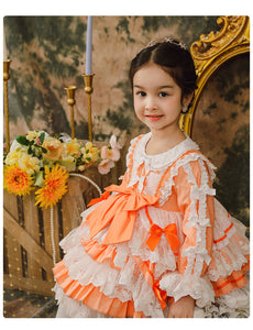 Girls Lolita Dress for Kids Sweet Love Orange Lace Jewel Neck Puff Sleeves with Bow(s)