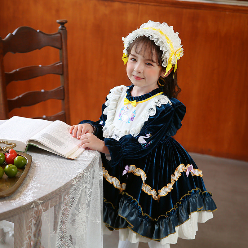 Renaissance Royal Blue Long Sleeves Velvet with Embroidery Girls Lolita Dress Royal Blue / 90 Renaissance Royal Blue Long Sleeves Velvet with Embroidery Girls Lolita Dress Royal Blue / 90