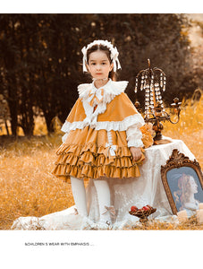 Renaissance Orange Long Sleeves Tiered/Layered Cloak Velvet with Bow(s) Girls Lolita Dress