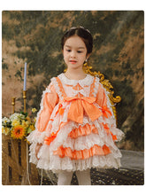 Load image into Gallery viewer, Girls Lolita Dress for Kids Sweet Love Orange Lace Jewel Neck Puff Sleeves with Bow(s)
