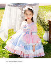 Load image into Gallery viewer, Girls Lolita Dress for Kids Sweet Love Blue&amp;Pink Lace Jewel Neck Long Sleeves with Bow(s)