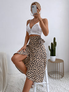 Polka-dot Print Split A-line Tea-length Skirt