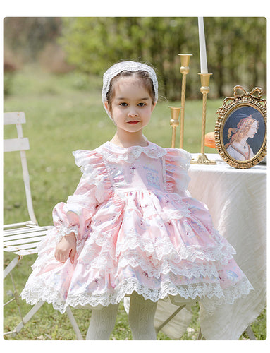 Girls Lolita Dress Pink Lace Sweet Love Long Sleeves Jewel Neck with Bow(s)