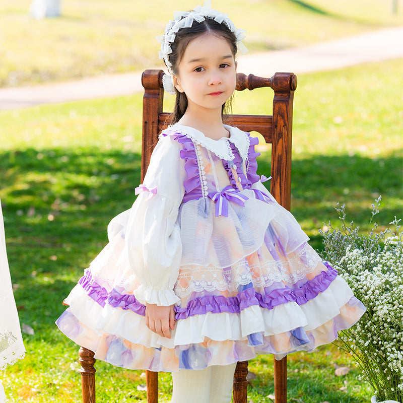 Girls Lolita Dress for Kids Purple Lace Floral Jewel Neck Puff Sleeves with Bow(s)