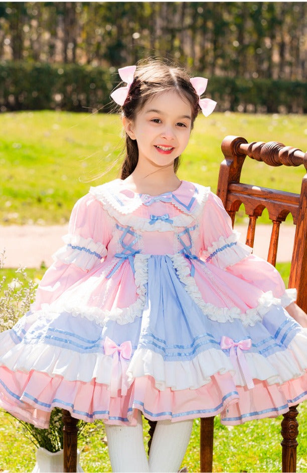 Girls Lolita Dress for Kids Sweet Love Blue&Pink Lace Jewel Neck Long  Sleeves with Bow(s)