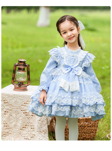 Sweet Love Light Blue Long Sleeves Organza with Lace Bow(s) Girls Lolita Dress
