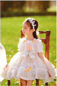 Girls Lolita Dress Summer Beige Floral Short Sleeves Jersey with Bow(s)