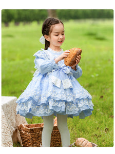 Sweet Love Light Blue Long Sleeves Organza with Lace Bow(s) Girls Lolita Dress