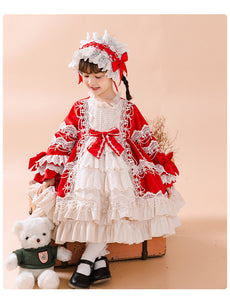 Girls Lolita Dress Christmas Red Long Sleeves Velvet Lace with Bow(s)