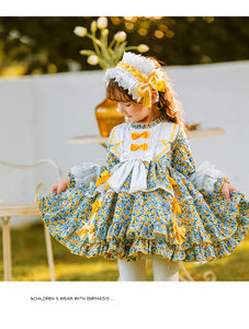 Girls Lolita Dress for Kids Green Floral Frilled Neck Long Sleeves with Bow(s)