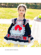 Load image into Gallery viewer, Girls Lolita Dress for Kids Dark Blue Floral Long Sleeves with Bow(s)