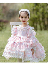 Load image into Gallery viewer, Girls Lolita Dress Pink Lace Sweet Love Long Sleeves Jewel Neck with Bow(s)