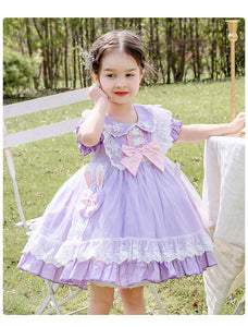 Girls Lolita Dress Summer Light Purple Short Sleeves Lace Jersey with Bow(s)