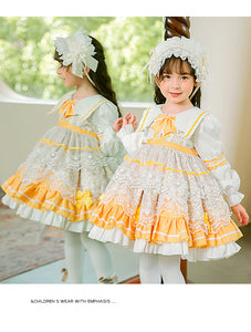 Girls Lolita Dress for Kids Yellow Lace Jewel Neck Long Sleeves with Bow(s)