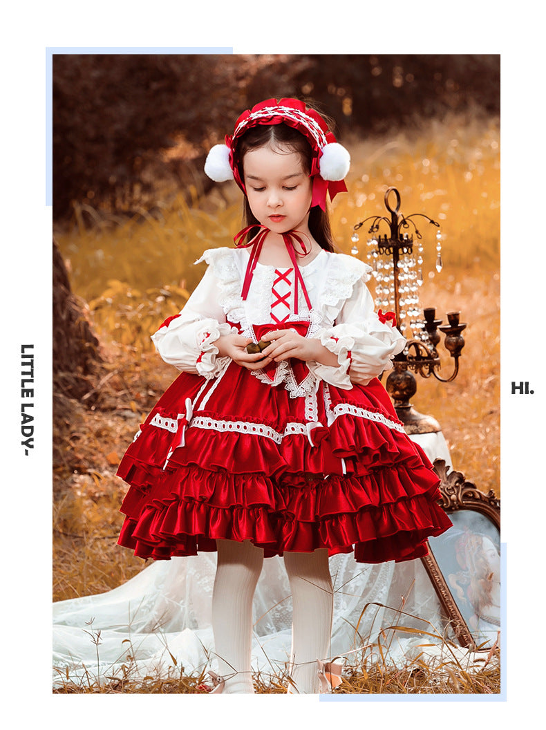 Girls Lolita Dress Red Renaissance Long Sleeves Jewel Neck Velvet with Bow(s)