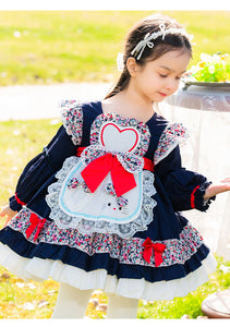 Girls Lolita Dress for Kids Dark Blue Floral Long Sleeves with Bow(s)