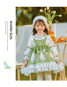 Girls Lolita Dress for Kids Green Frilled Neck Sweet Love Long Sleeves with Bow(s)