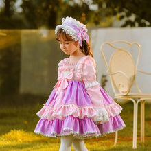Load image into Gallery viewer, Girls Lolita Dress for Kids Pink Frilled Neck Puff Sleeves with Bow(s)