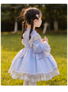 Girls Lolita Dress Sweet Love Light Blue Long Sleeves Lace Jersey with Bow(s)