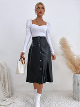 Load image into Gallery viewer, Black High-waisted PU A-line Tea-length Skirt with Slit Buttons