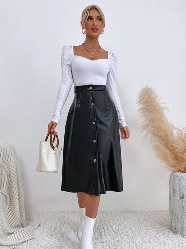 Black High-waisted PU A-line Tea-length Skirt with Slit Buttons