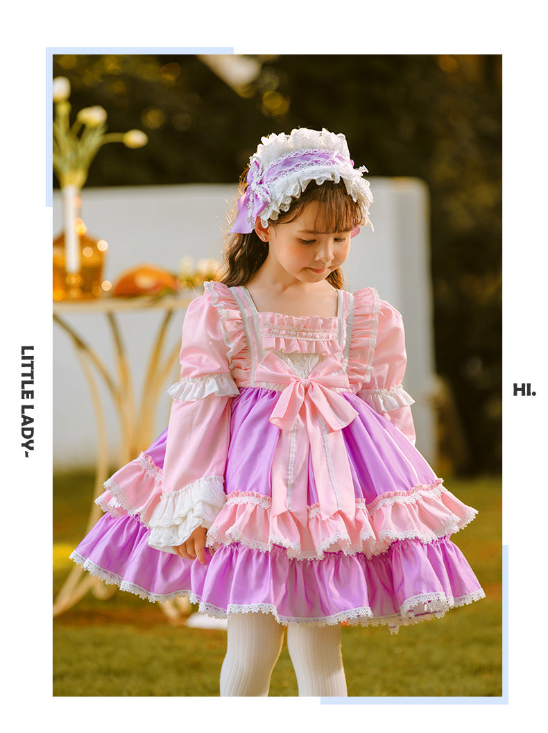 Girls Lolita Dress for Kids Pink Frilled Neck Puff Sleeves with Bow(s) Pink / 130