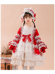 Girls Lolita Dress Christmas Red Long Sleeves Velvet Lace with Bow(s)