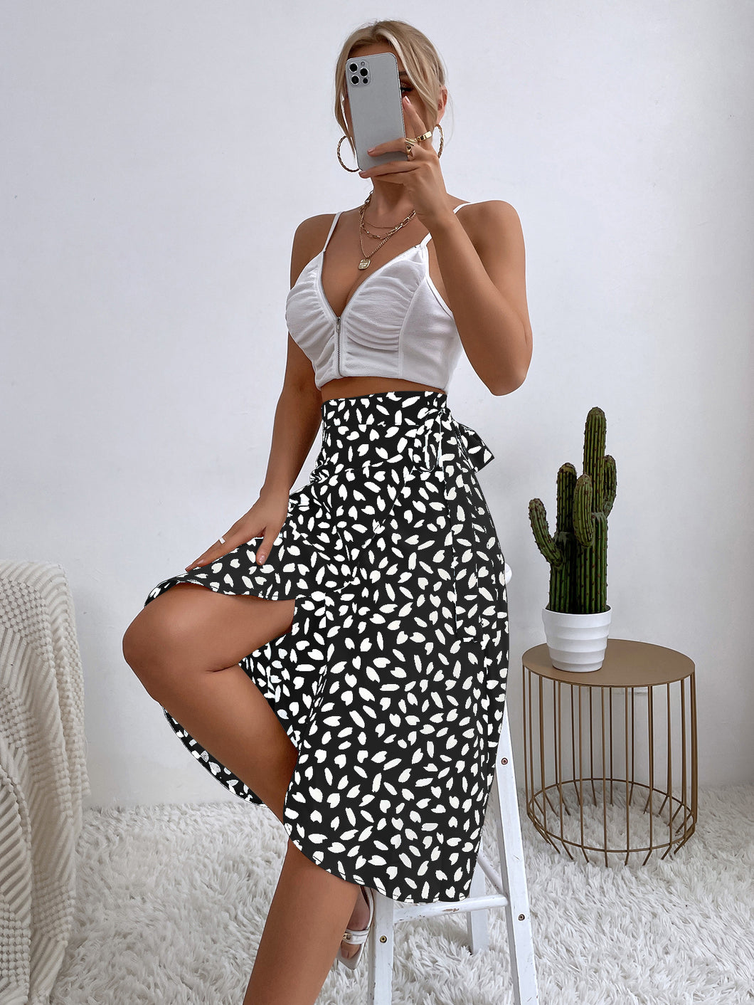 Polka-dot Print Split A-line Tea-length Skirt