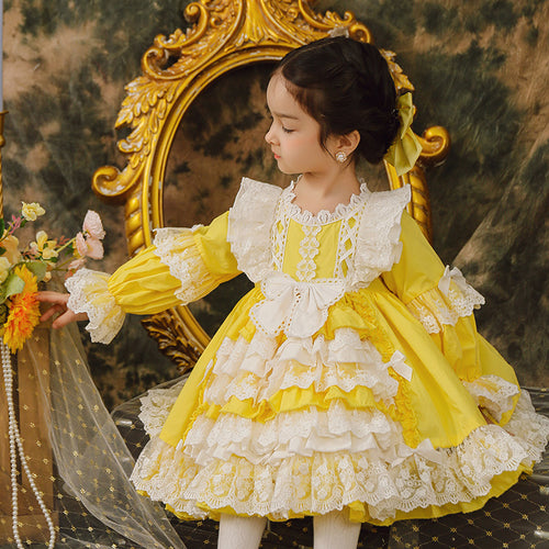 Sweet Love Yellow Spanish Long Sleeves with Lace Bow(s) Girls Lolita Dress