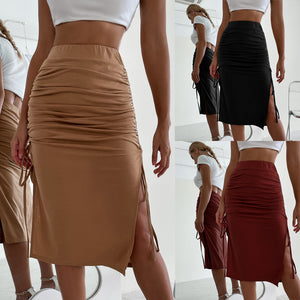 Sheath Side Slits Fustian Cord Knee-length Skirt
