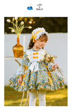Load image into Gallery viewer, Girls Lolita Dress for Kids Green Floral Frilled Neck Long Sleeves with Bow(s)