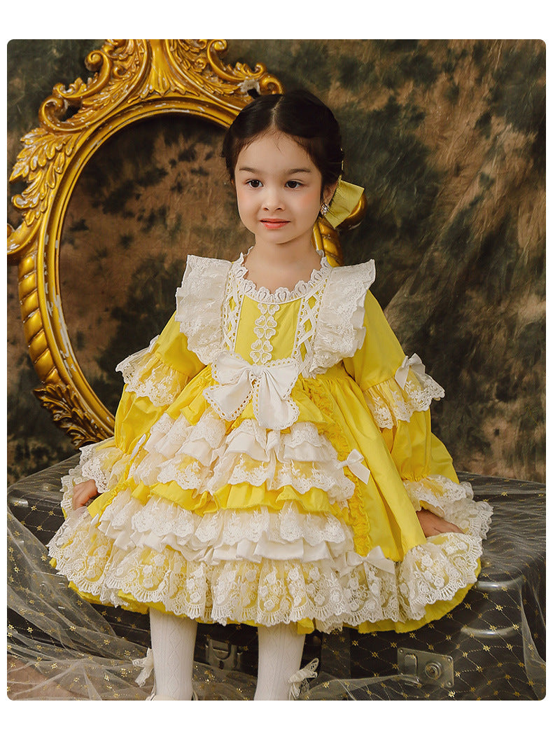 Sweet Love Yellow Spanish Long Sleeves with Lace Bow(s) Girls Lolita Dress