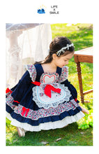 Load image into Gallery viewer, Girls Lolita Dress for Kids Dark Blue Floral Long Sleeves with Bow(s)