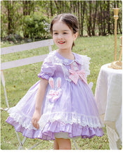Load image into Gallery viewer, Girls Lolita Dress Summer Light Purple Short Sleeves Lace Jersey with Bow(s)