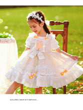 Load image into Gallery viewer, Girls Lolita Dress Summer Beige Floral Short Sleeves Jersey with Bow(s)