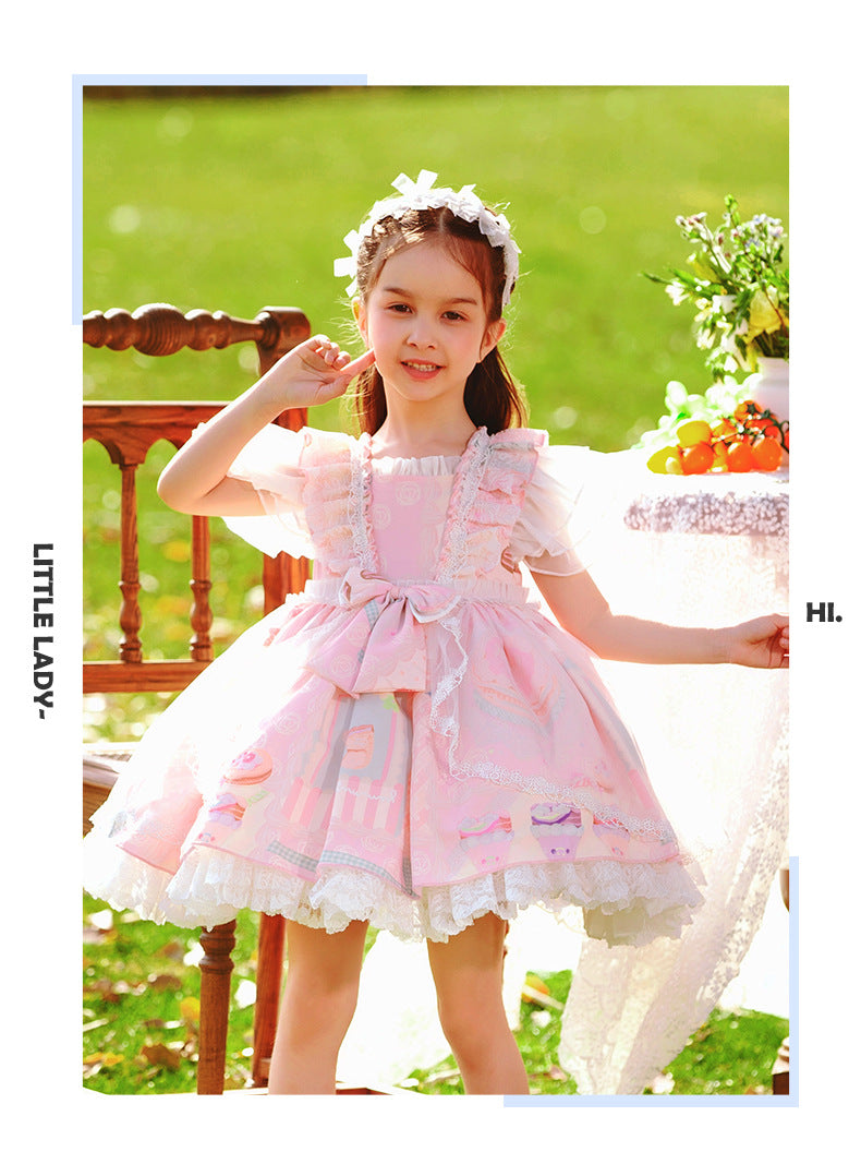 Girls Lolita Dress for Kids Summer Pink Chiffon Flutter Sleeves with Bow(s)