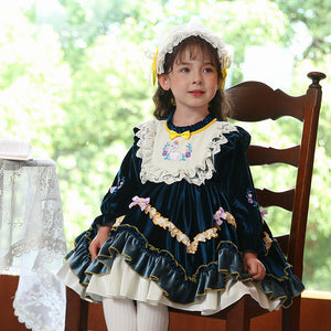 Renaissance Royal Blue Long Sleeves Velvet with Embroidery Girls Lolita Dress