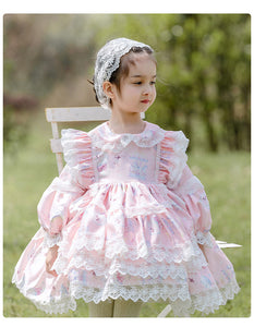 Girls Lolita Dress Pink Lace Sweet Love Long Sleeves Jewel Neck with Bow(s)
