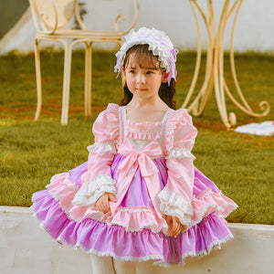 Girls Lolita Dress for Kids Pink Frilled Neck Puff Sleeves with Bow(s)