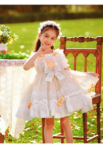 Girls Lolita Dress Summer Beige Floral Short Sleeves Jersey with Bow(s)