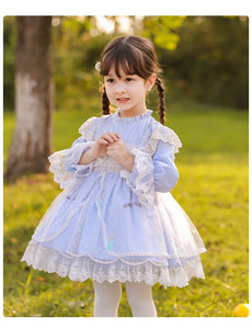 Girls Lolita Dress Sweet Love Light Blue Long Sleeves Lace Jersey with Bow(s)