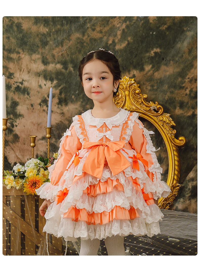 Girls Lolita Dress for Kids Sweet Love Orange Lace Jewel Neck Puff Sleeves with Bow(s) Orange / 90 Girls Lolita Dress for Kids Sweet Love Orange Lace Jewel Neck Puff Sleeves with Bow(s) Orange / 90
