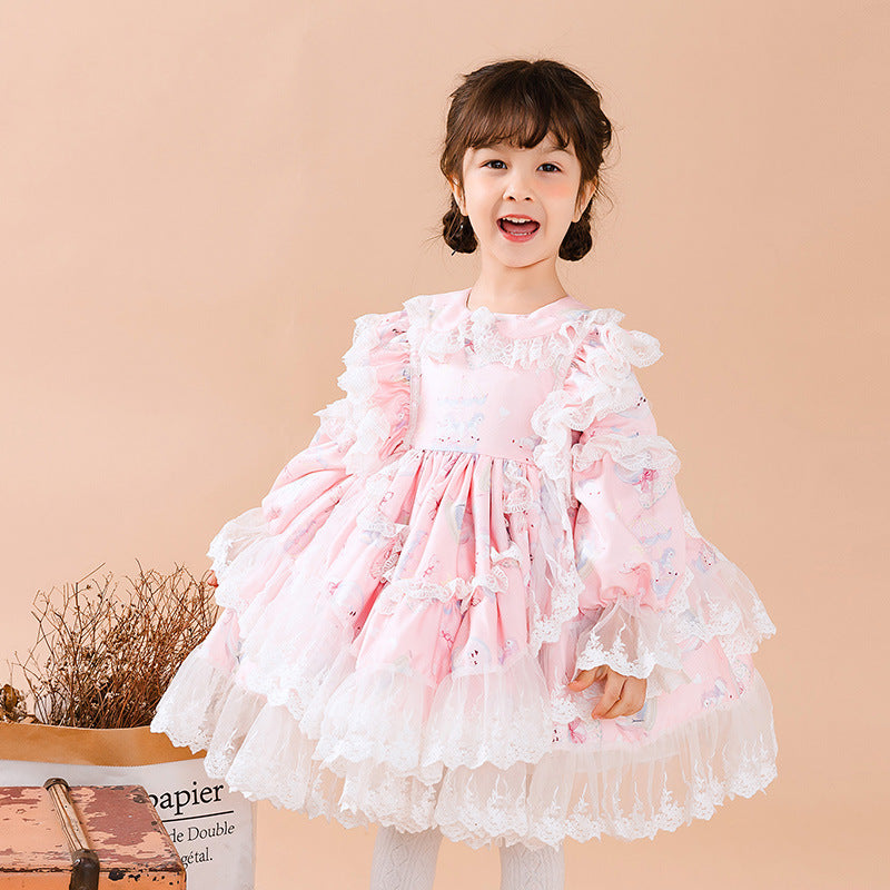 Sweet Love Pink Long Sleeves Organza with Lace Girls Lolita Dress