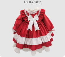 Load image into Gallery viewer, Renaissance Red Christmas Long Sleeves Frilled Velvet with Lace Bow(s) Girls Lolita Dress