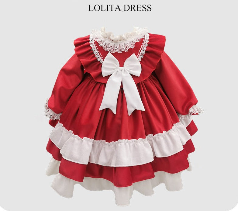 Renaissance Red Christmas Long Sleeves Frilled Velvet with Lace Bow(s) Girls Lolita Dress Red / 120 Renaissance Red Christmas Long Sleeves Frilled Velvet with Lace Bow(s) Girls Lolita Dress Red / 120