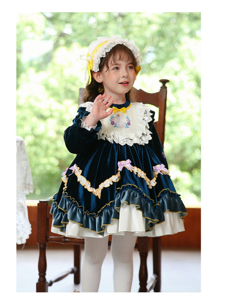 Renaissance Royal Blue Long Sleeves Velvet with Embroidery Girls Lolita Dress Royal Blue / 90 Renaissance Royal Blue Long Sleeves Velvet with Embroidery Girls Lolita Dress Royal Blue / 90