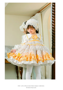 Girls Lolita Dress for Kids Yellow Lace Jewel Neck Long Sleeves with Bow(s)